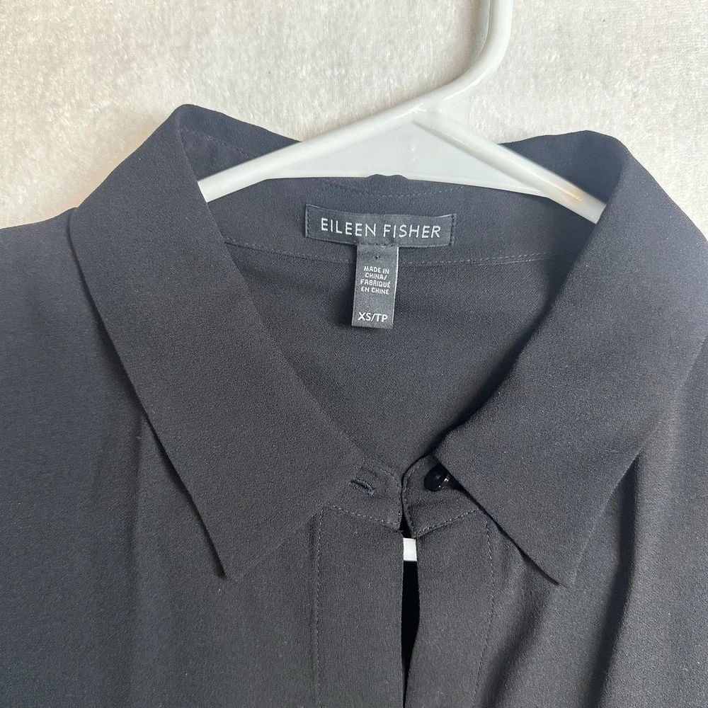 Eileen Fisher 100% SILK Georgette Crepe Notch Collar Dress XS Black‎ f4gc1